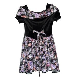 Vintage 80s Party Dress Womens 8 Floral Off Shoulder Tulle Cottage Retro Mini
